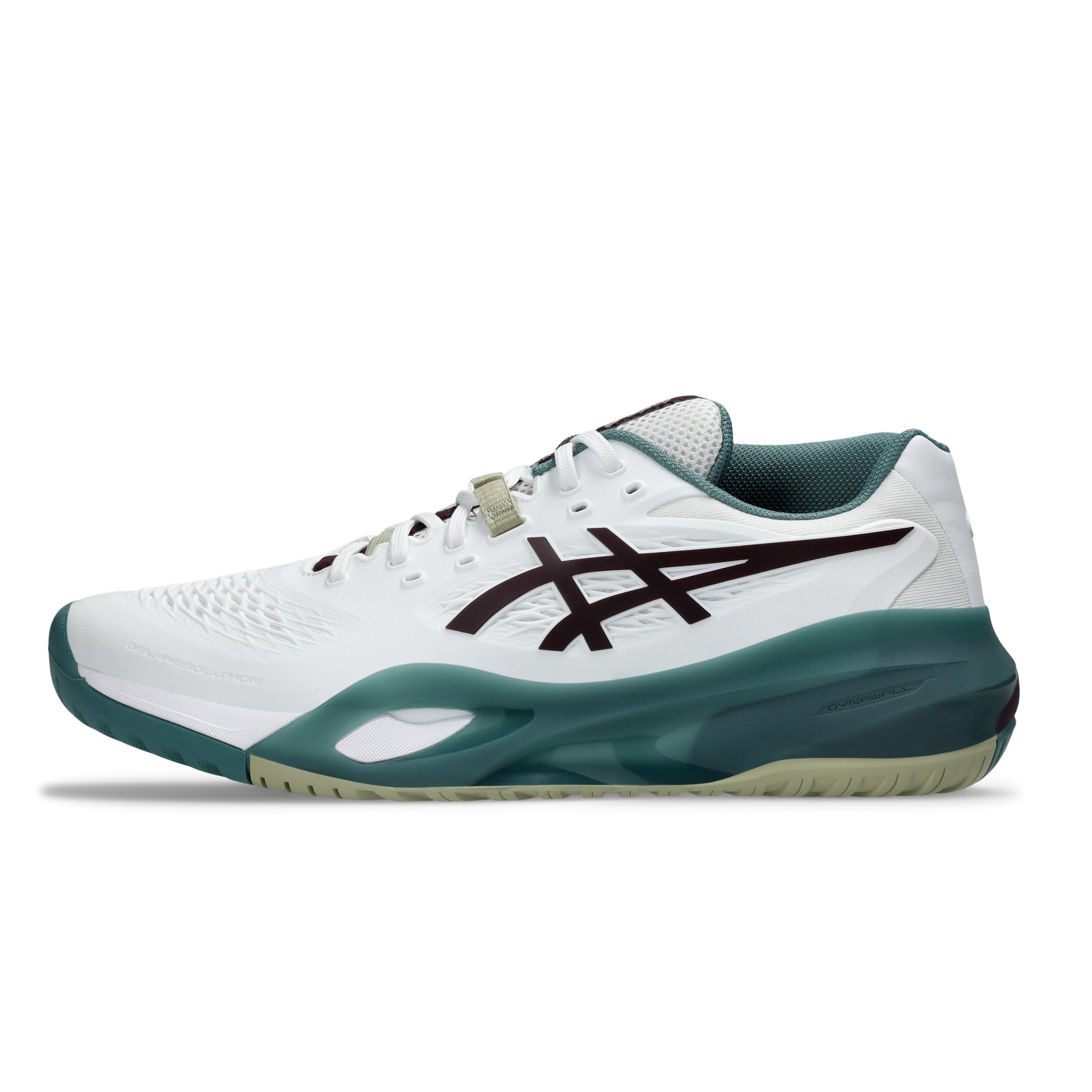 A white Asics tennis shoe with a dark teal midsole and heel, a dark burgundy logo on the side, and a light beige lace detail, shown against a plain white background.