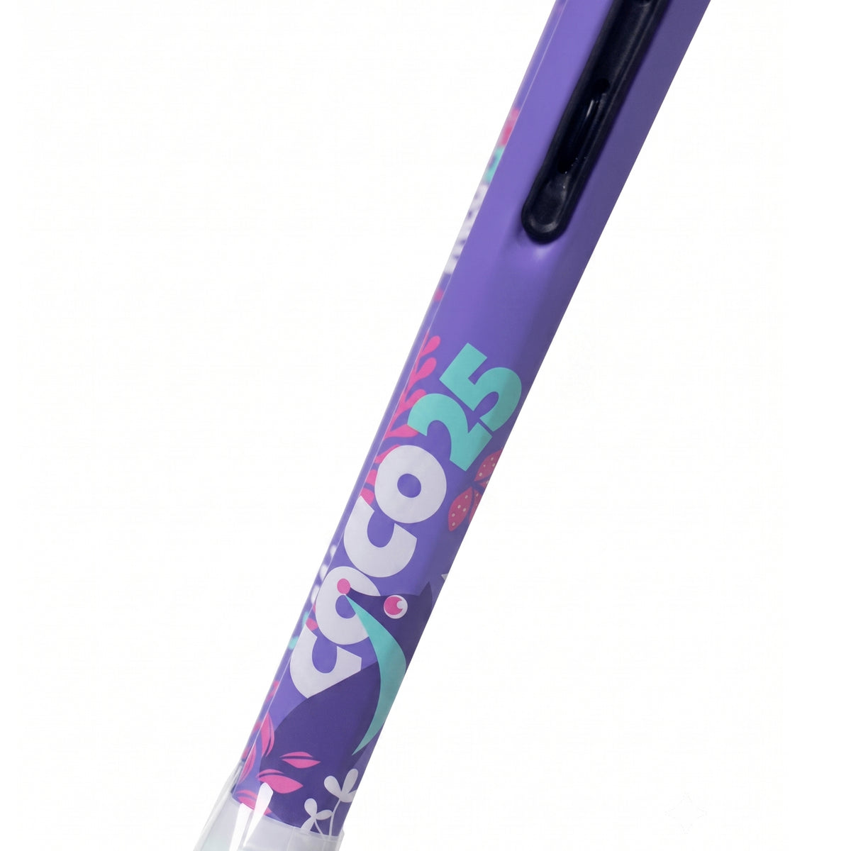 A close-up of a purple Coco 25 tennis racket frame with colorful floral graphics and the 'coco 25' branding printed on the barrel, set against a plain white background.