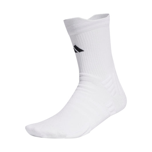 White sock with adidas logo in the front on a white background