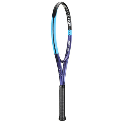 Dunlop tennis racket with a blue frame and black handle on a white background
