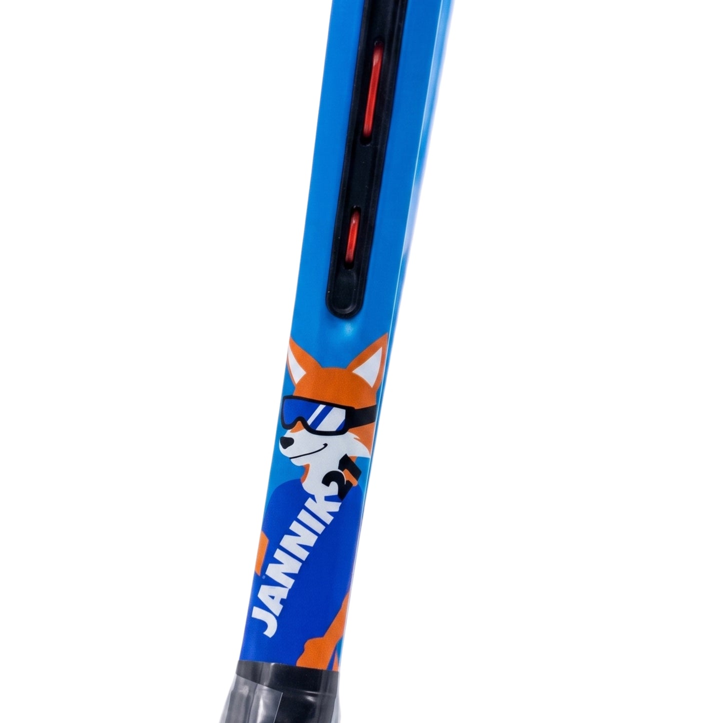 Close-up of a blue Head tennis racket shaft featuring a cartoon fox graphic wearing sunglasses and the name 'JANNIK' printed vertically in white.