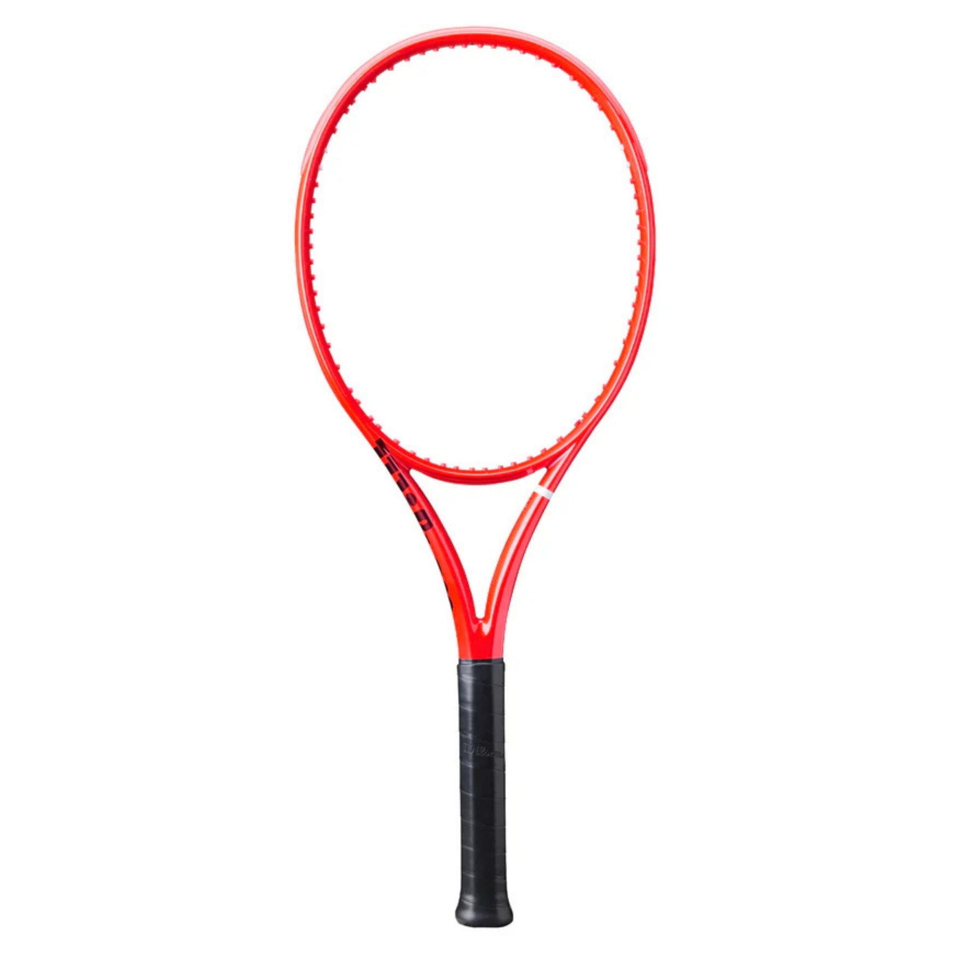 A red Wilson tennis racket with a black grip handle, shown vertically against a plain white background.