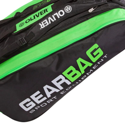 Black and green oliver racket bag on a white background
