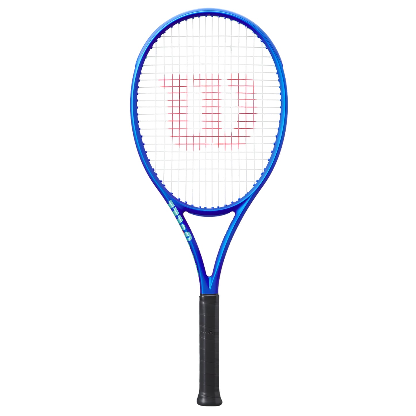 Blue tennis racket with a white strings pattern on a white background