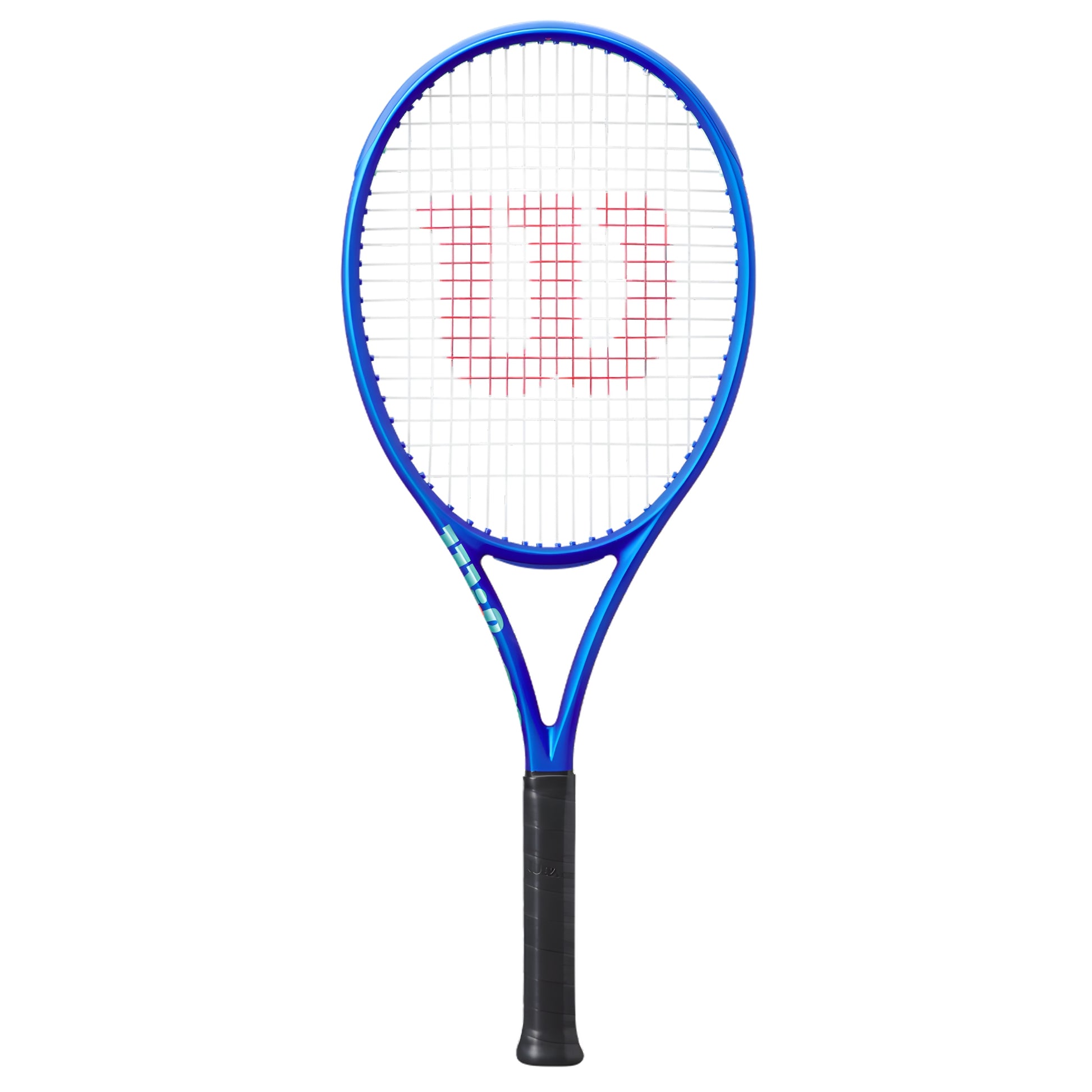 Blue tennis racket with a white strings pattern on a white background