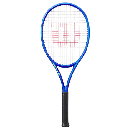 Blue tennis racket with a white strings pattern on a white background