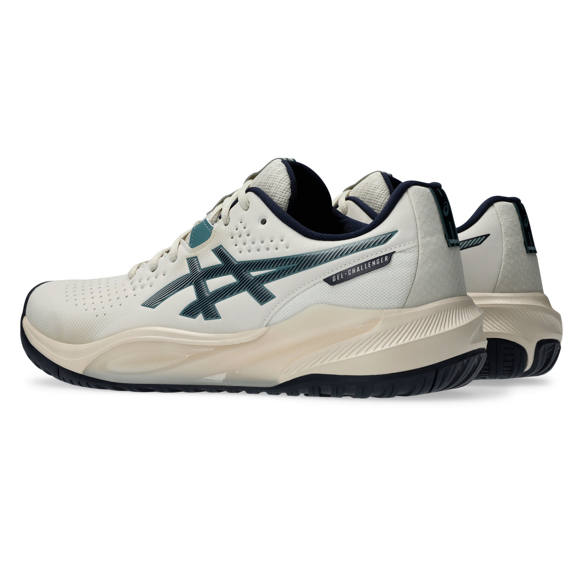 An Asics G-Challenger 15 tennis shoes in off-white with dark teal and navy accents, shown in a side profile on a white background.