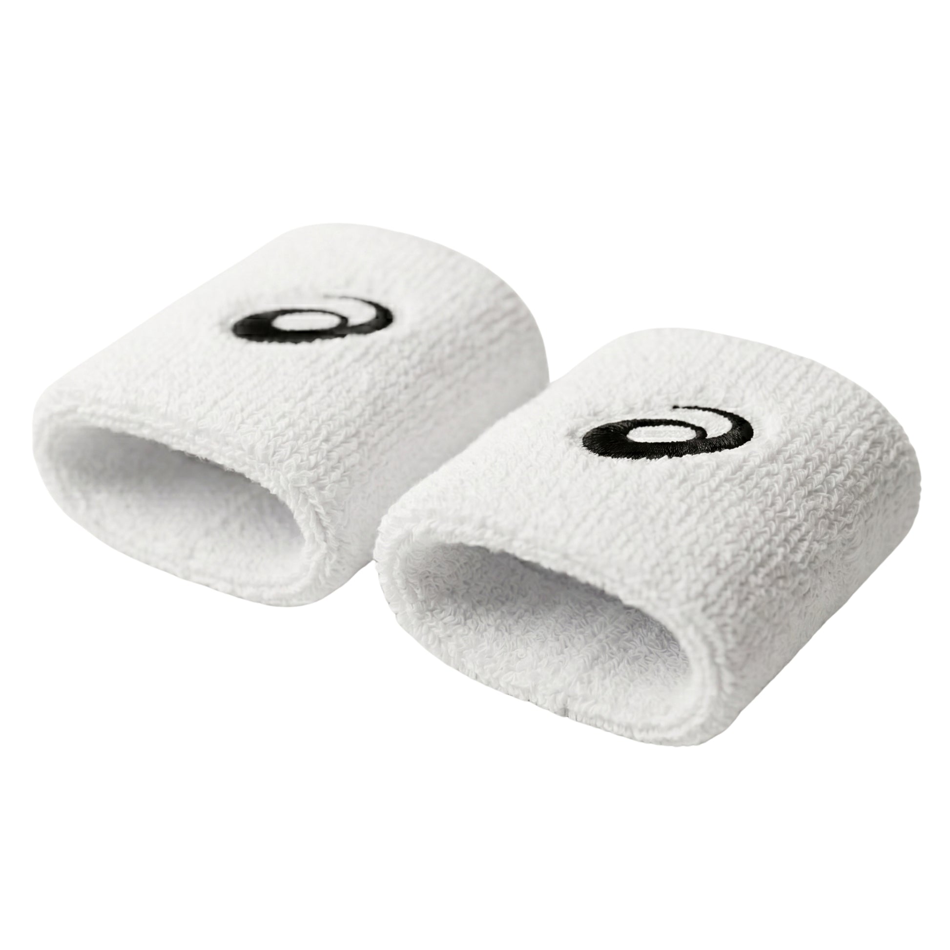 Two white wristbands with a black Asics logo on a white background