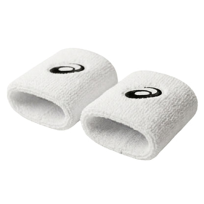 Two white wristbands with a black Asics logo on a white background