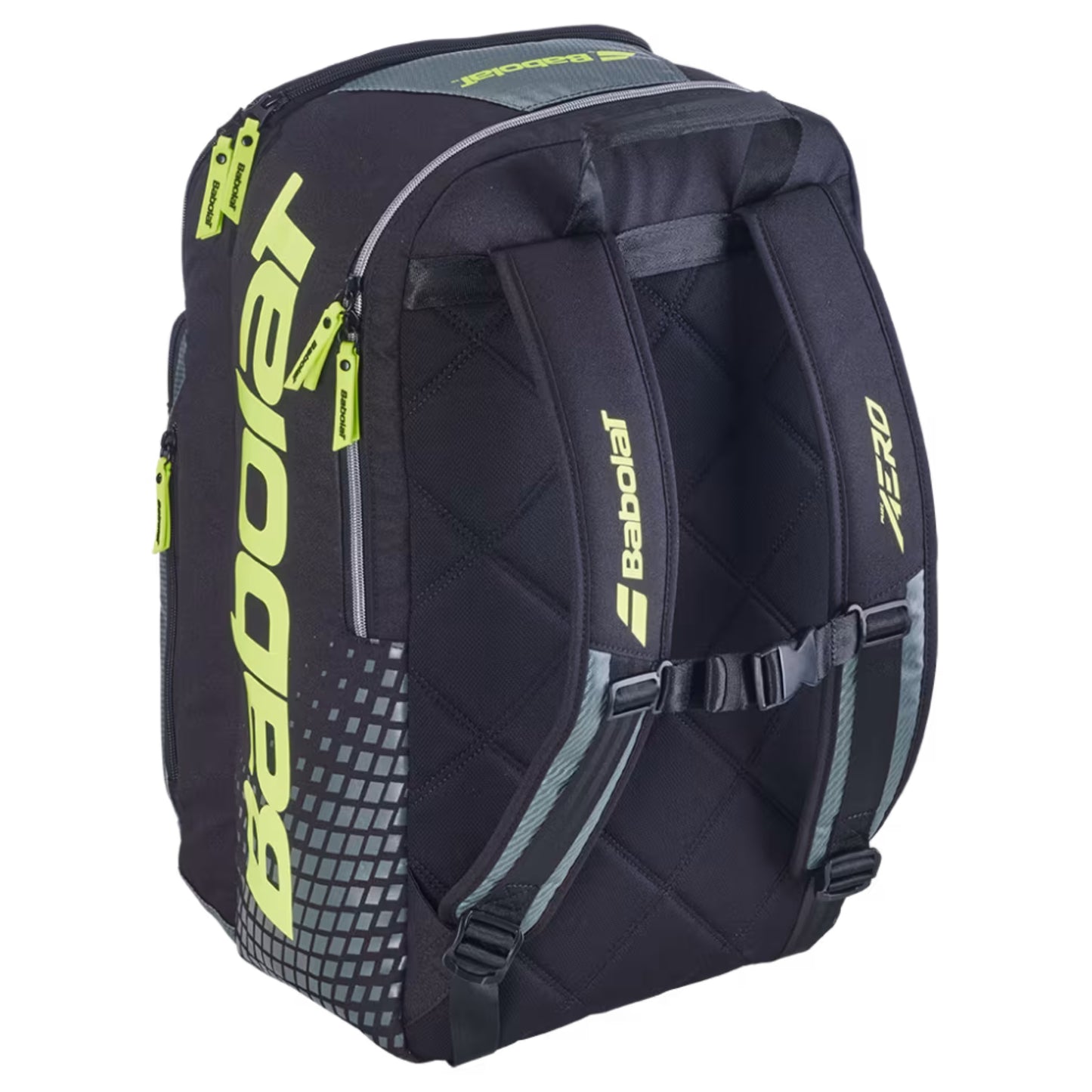 Black and gray Backpack with Babolat branding on a white background