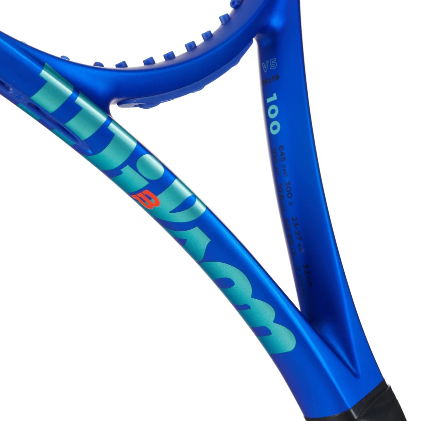 Close-up of a blue tennis racket with green Wilson branding on a white background