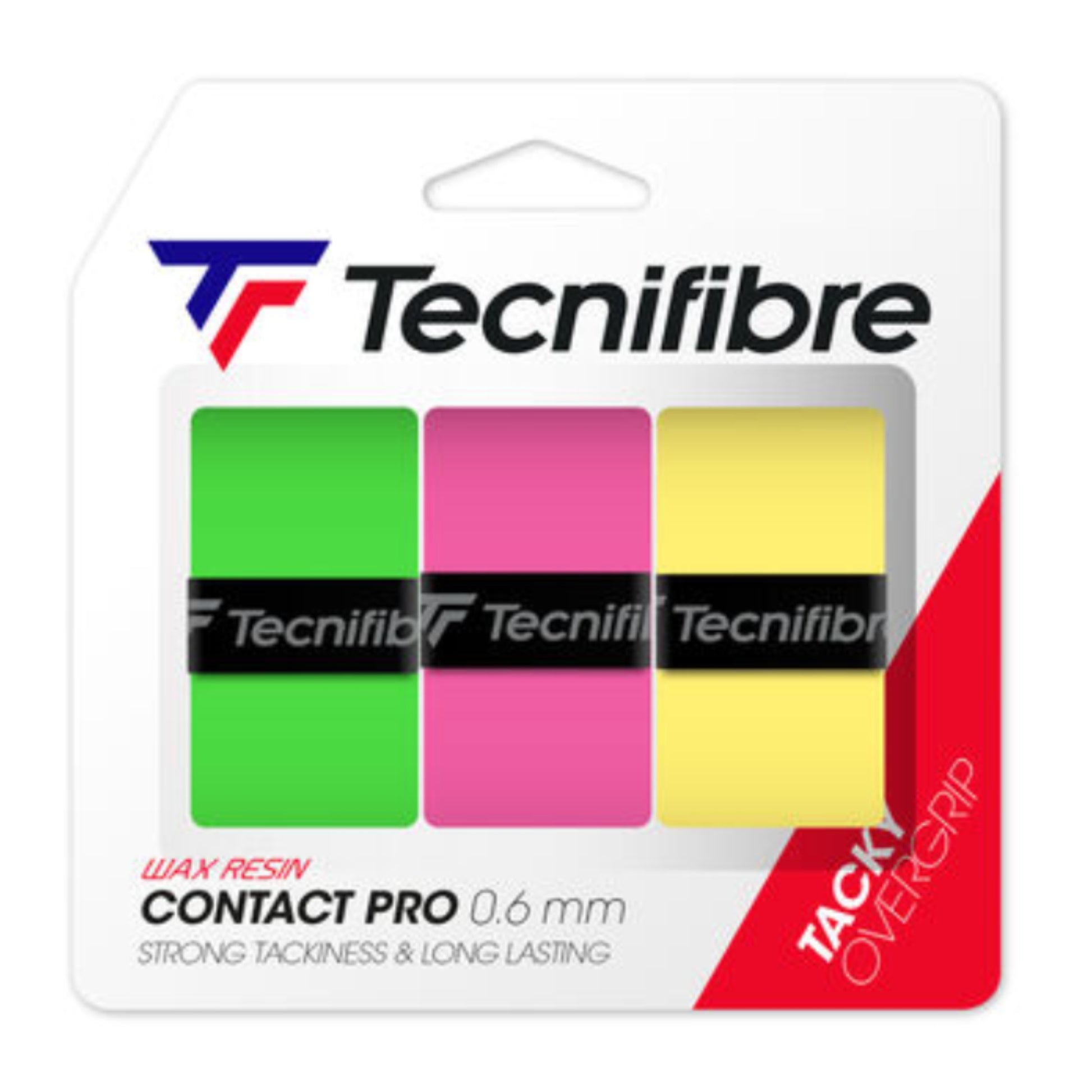 Tecnifibre racket grip packaging with three colored grips on a white background