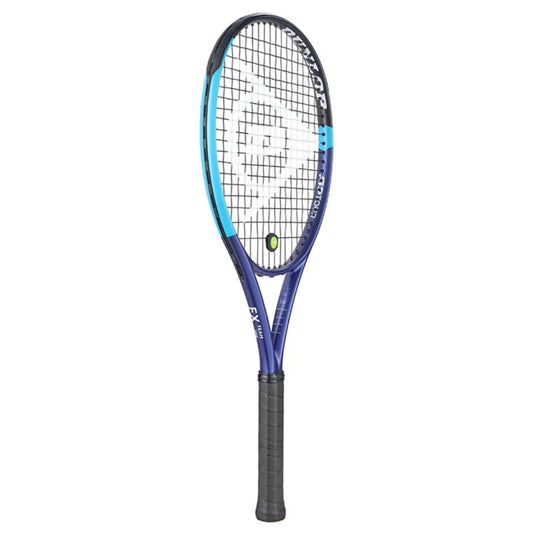 A Dunlop tennis racket with a blue and black frame, white strings, and a black grip, shown vertically against a plain white background.