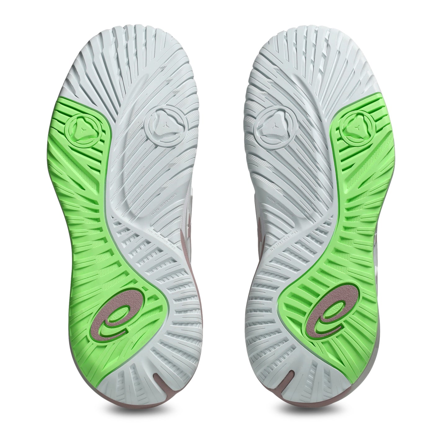 Asics tennis shoe sole with green and white design on a white background