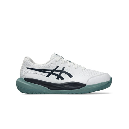 White, navy and green Asics tennis shoe on a white background