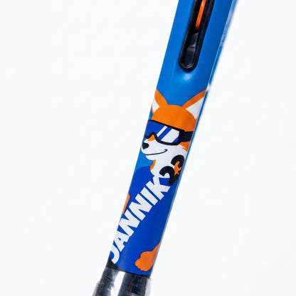 Close-up of a blue Head Jannik brand golf club shaft featuring a cartoon fox graphic wearing sunglasses, on a plain white background.