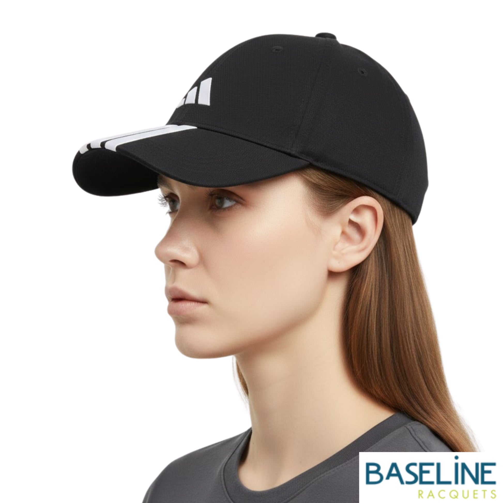 Person wearing a black striped cap with adidas logo on a white background
