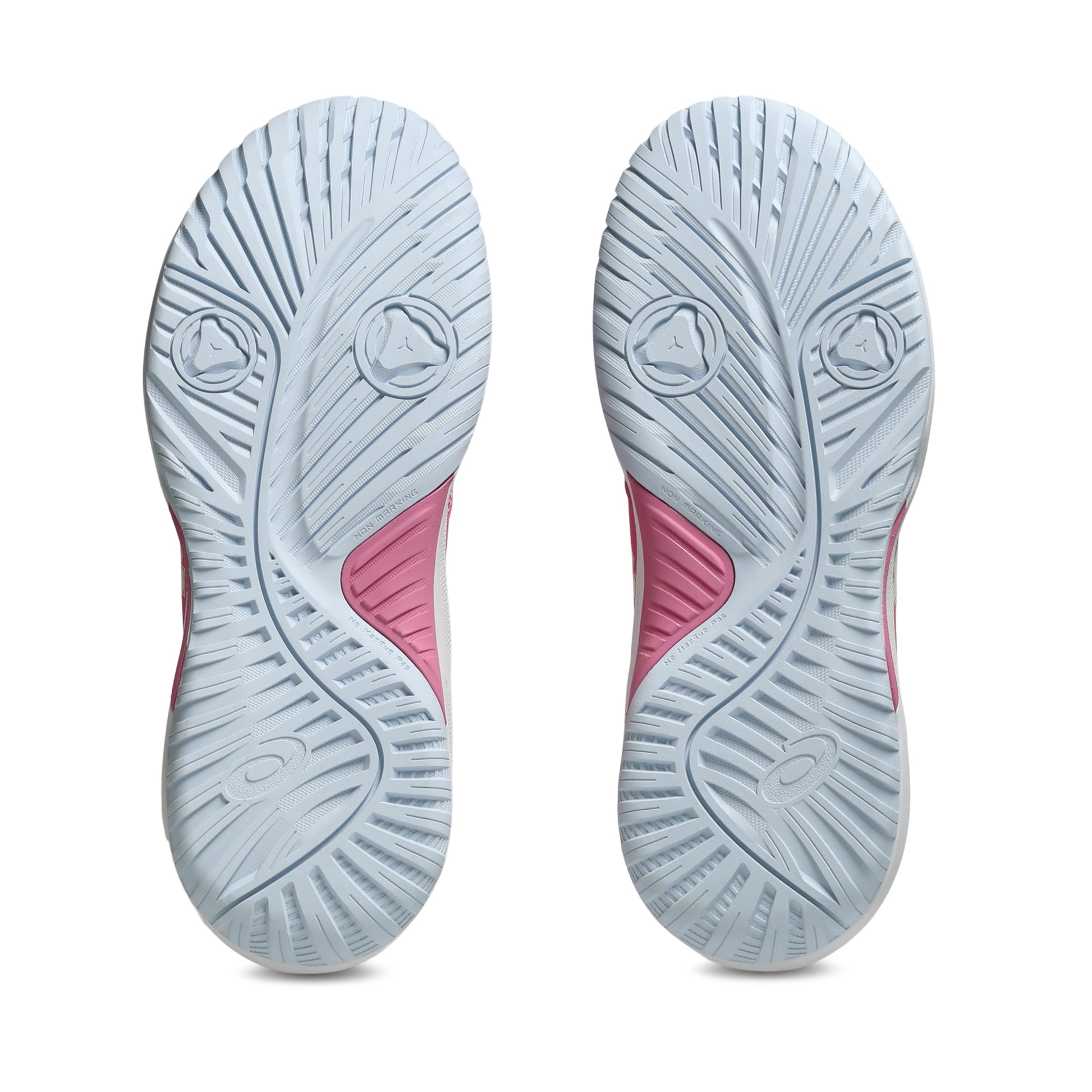 The outsoles of a pair of tennis shoes, shown from the bottom. The soles are primarily a very light icy blue with a bright pink accent on the heel area.