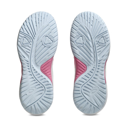 The outsoles of a pair of tennis shoes, shown from the bottom. The soles are primarily a very light icy blue with a bright pink accent on the heel area.