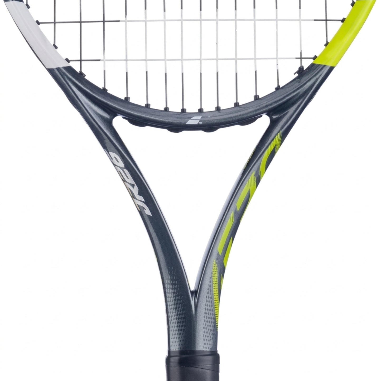 Close-up of a Babolat tennis racket with a white background