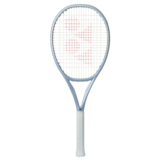 Gray Yonex tennis racket with a white background