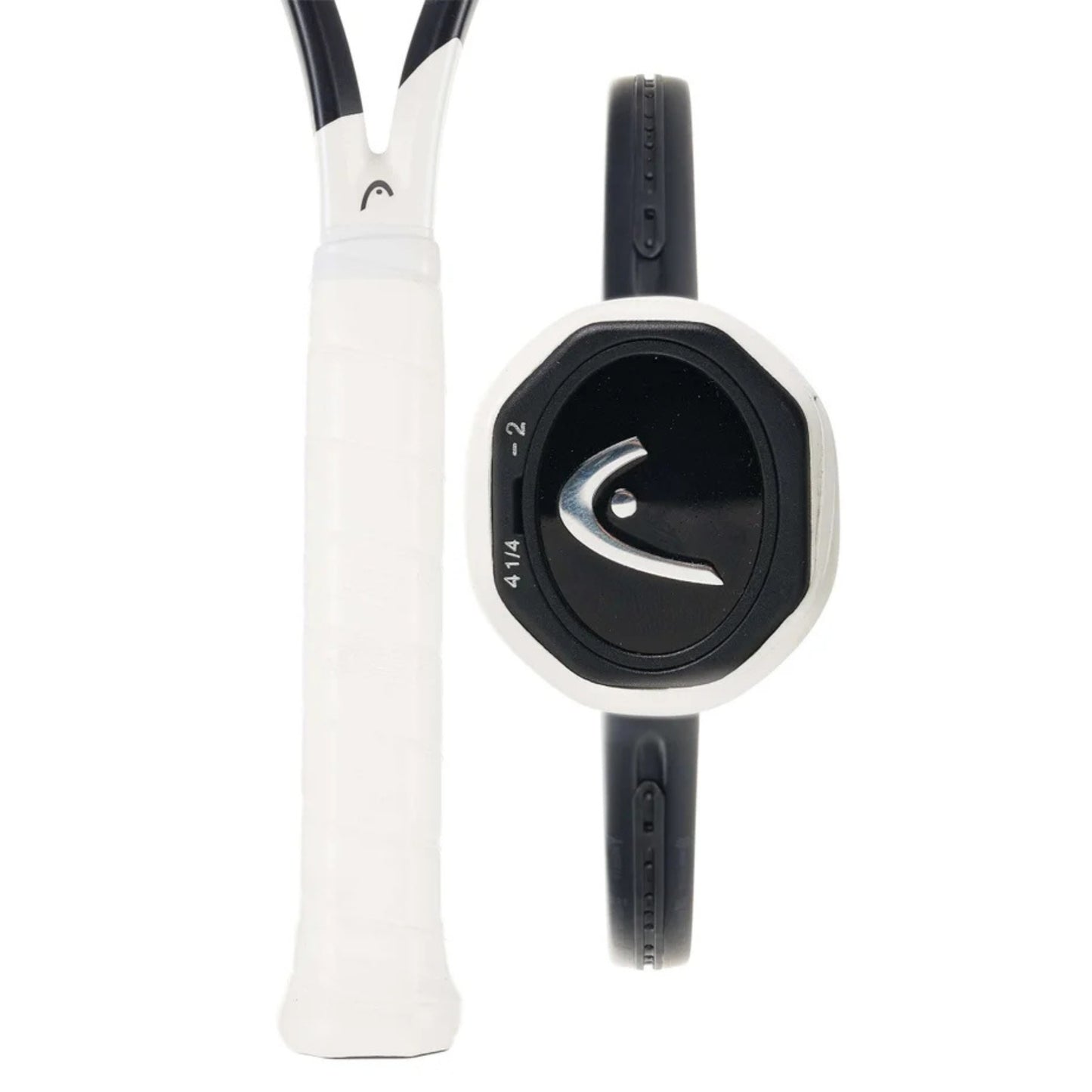 Tennis racket with a white handle and black frame on a white background