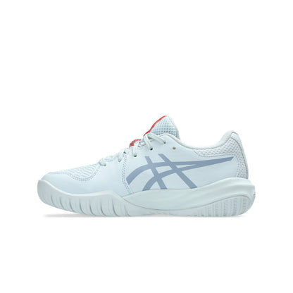 Light blue tennis shoe with red accents on a white background