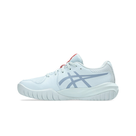 Light blue tennis shoe with red accents on a white background