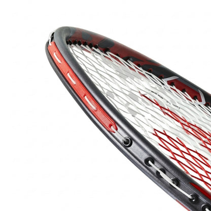 Close-up of a grey and red Yonex Arcsaber 11 Play badminton racket