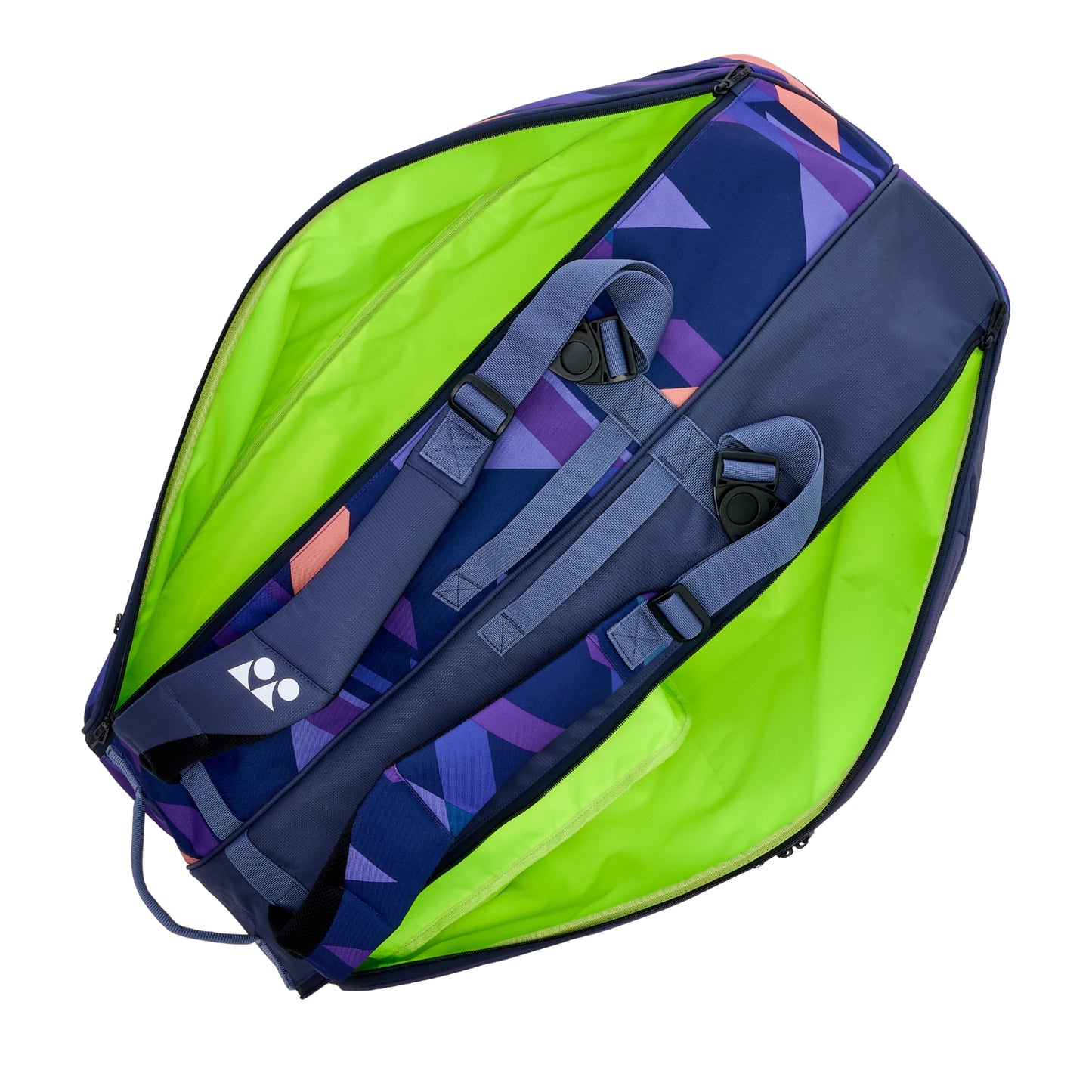 Multicolored racket bag with a visible brand logo on a white background