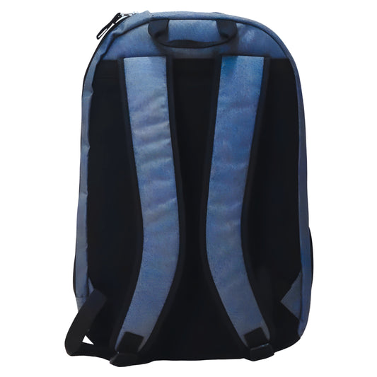 Back view of a blue Yonex backpack on a white background