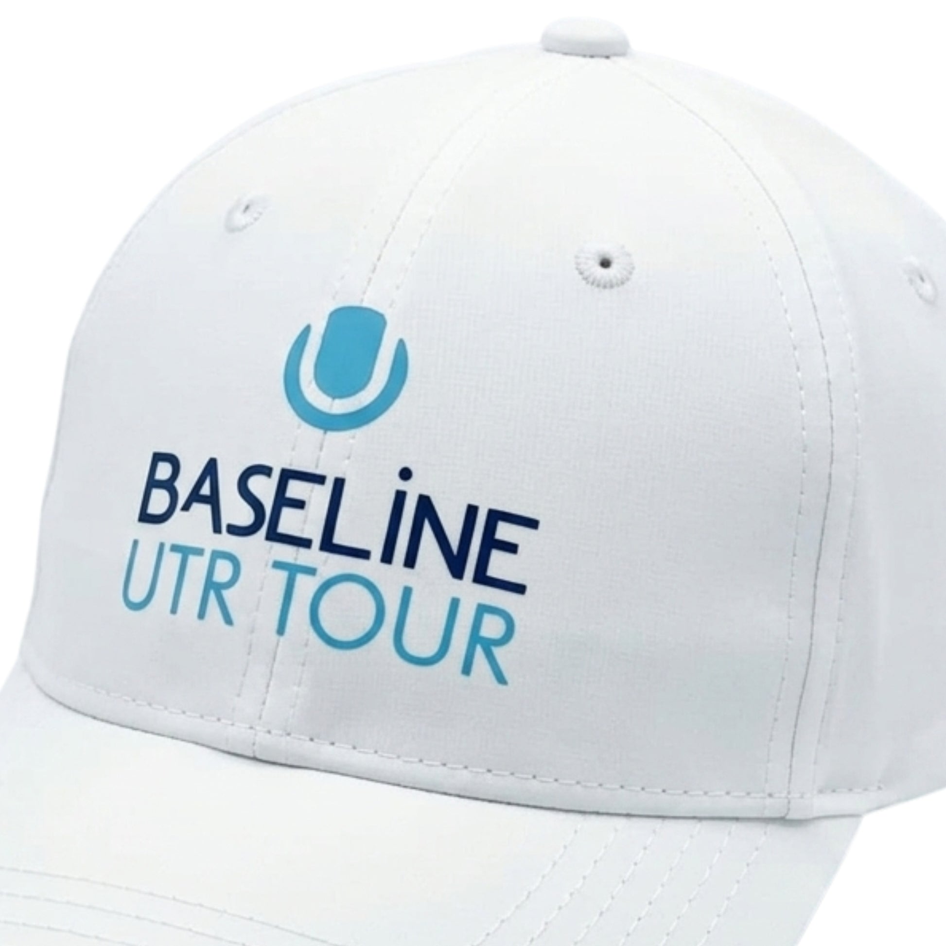 Close-up of a Baseline UTR Tour white cap on a white background