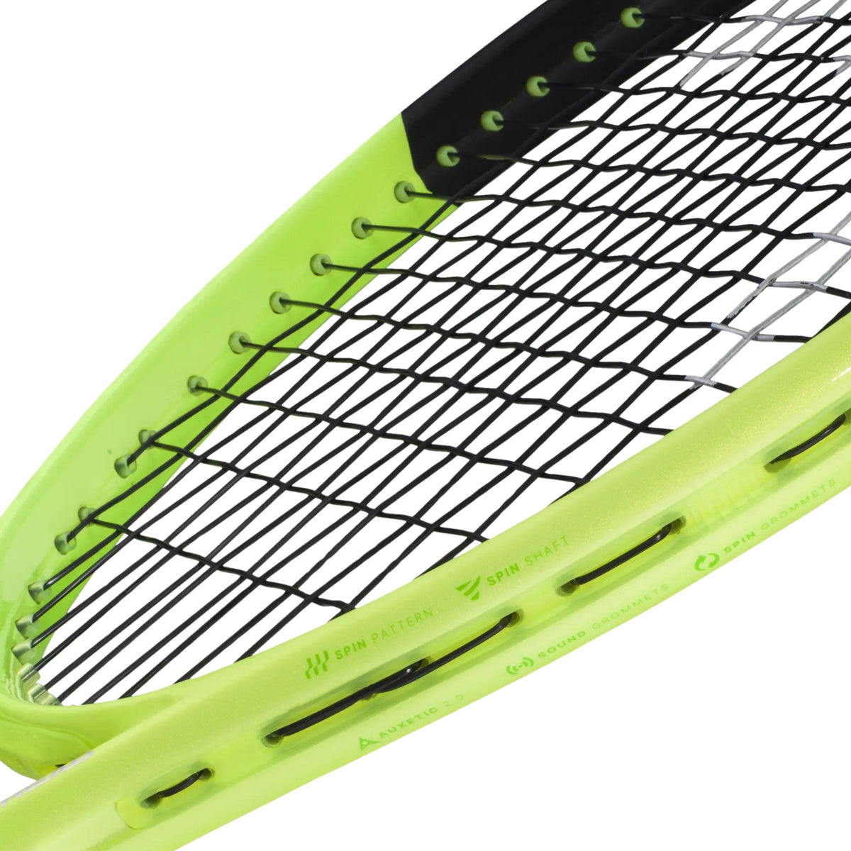 Close-up of a Head tennis racket frame in bright neon yellow-green with black strings and a black grip section, shown on a white background.