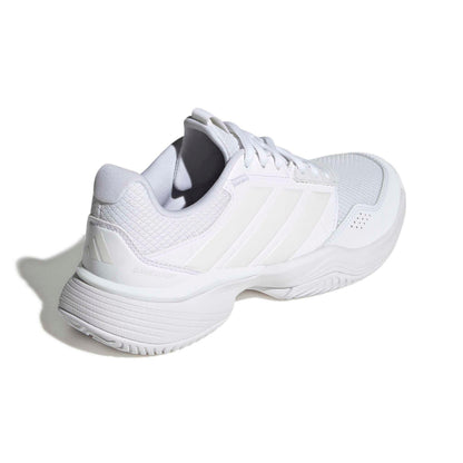 A white Adidas tennis shoe shown from a three-quarters rear angle on a clean white background with a soft shadow.