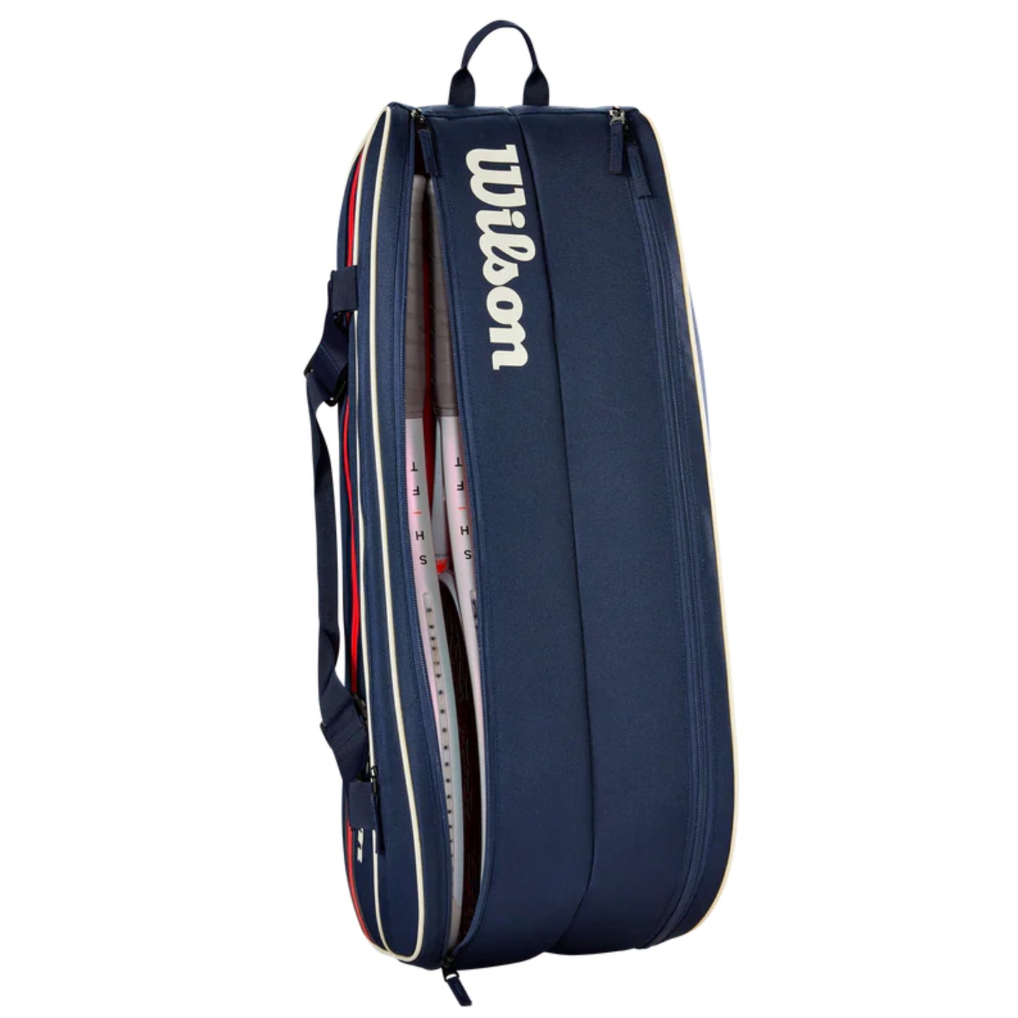 Navy blue tennis bag with Wilson logo on a white background