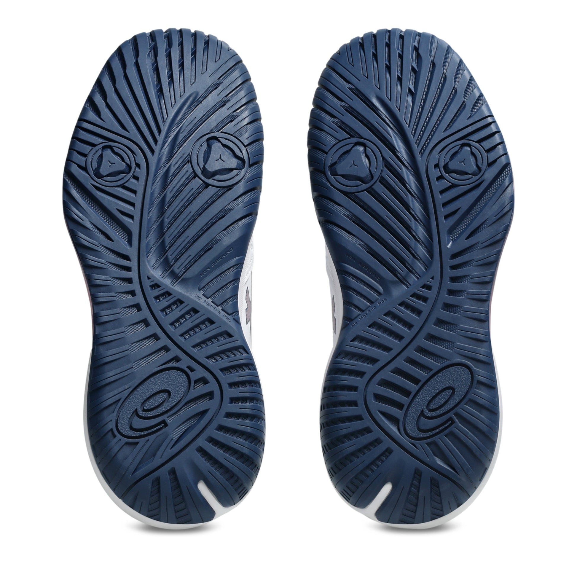 A pair of tennis shoes shown from the bottom, displaying their dark navy blue textured rubber soles against a clean white background.