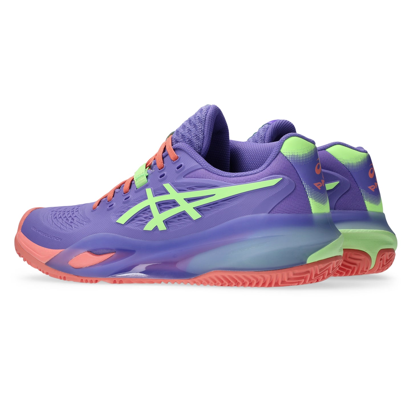 Purple padel shoes with orange and green accents on a white background