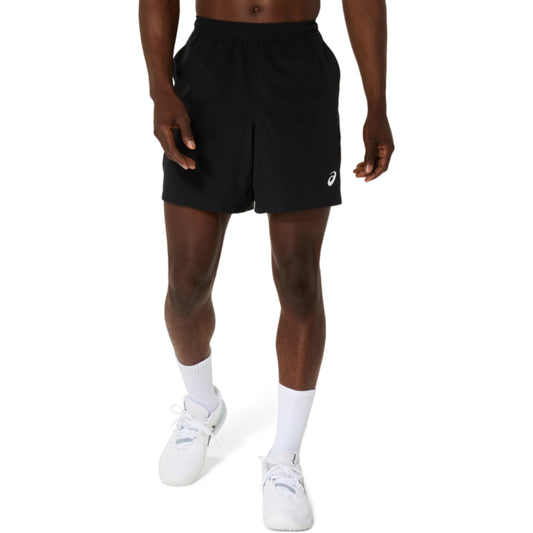 Person wearing black athletic Asics shorts with a logo on a white background