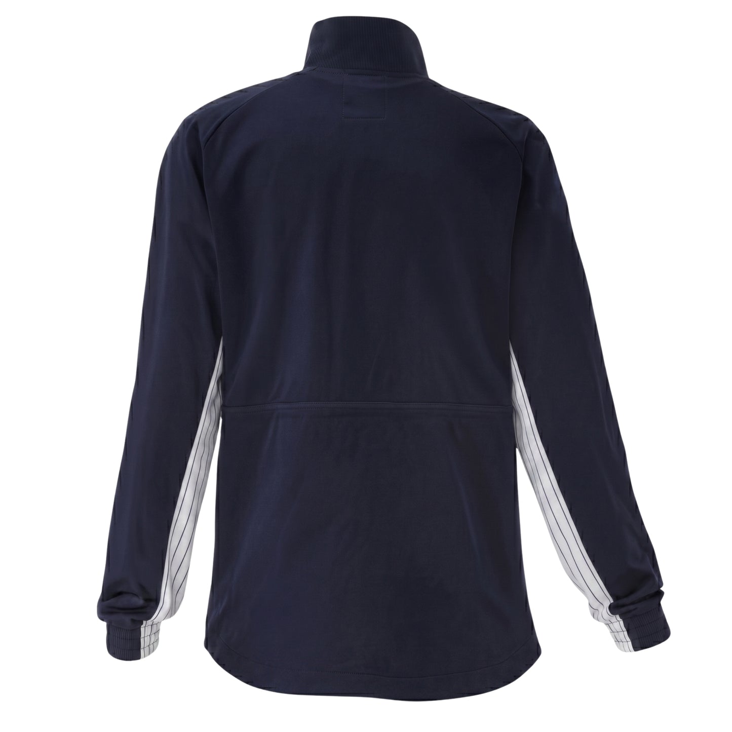 Navy blue jacket with white stripes on sleeves on a white background