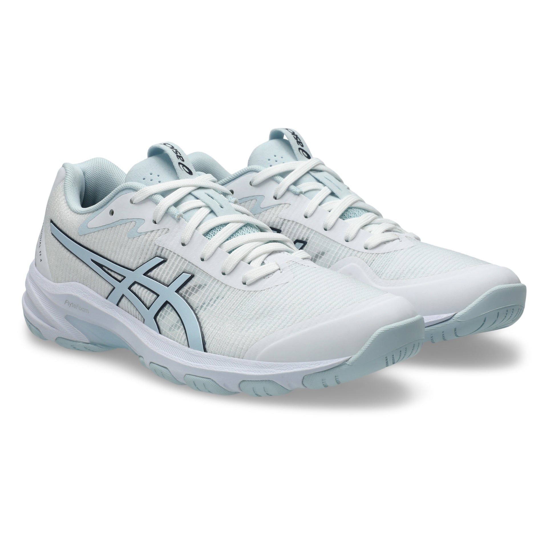 White netball shoes with light blue accents on a white background