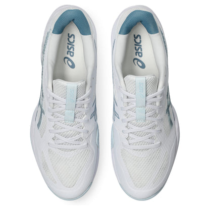 White and light blue squash shoes on a white background