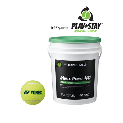 Yonex tennis ball and a white bucket labeled 'MusclePower 40' on a white background