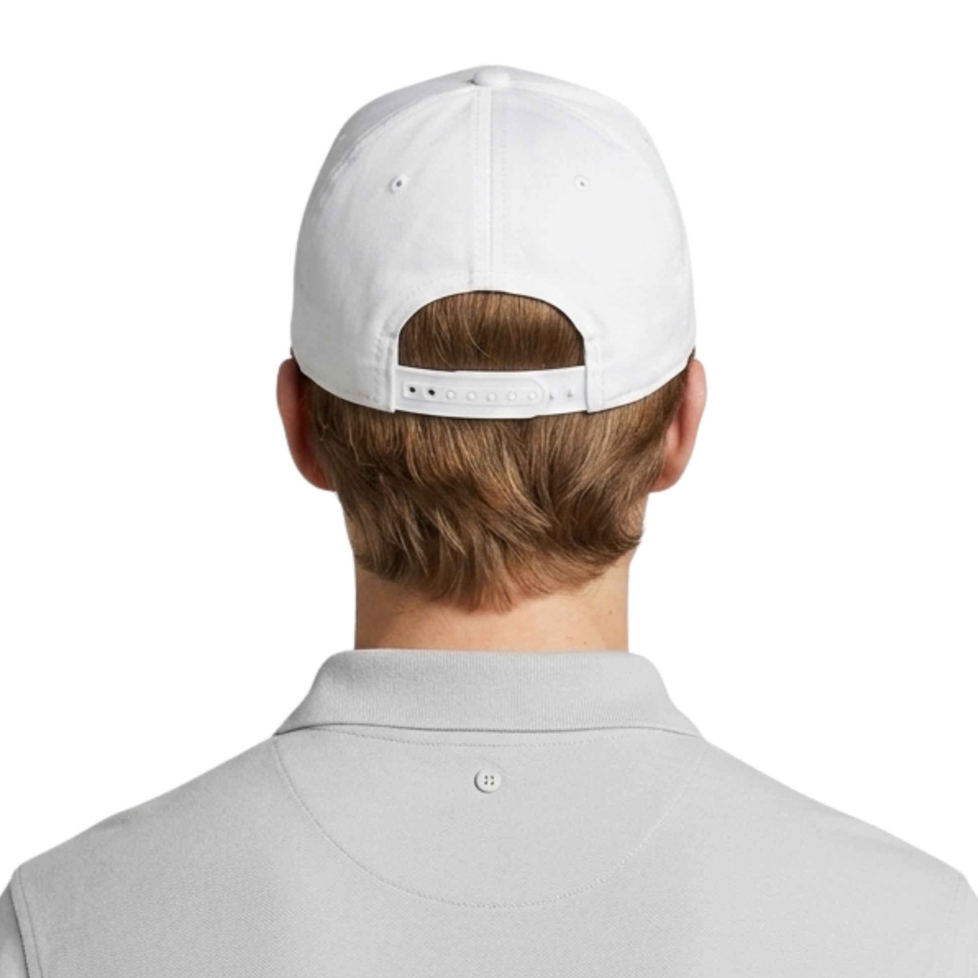 Back view of a man wearing a white ap on a white background
