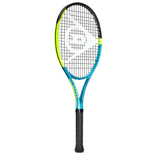 Dunlop tennis racket with a blue and yellow design on a white background
